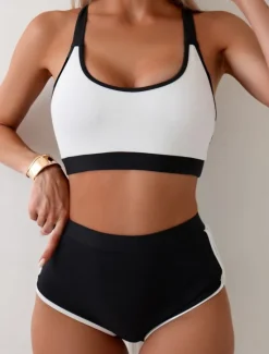 New Women's Swimwear Bikini 2 Piece Briefs Swimsuit Backless Slim High Waisted Vacation Beach Wear Solid Color U Neck Sleeveless Bathing Suits Women Bikinis