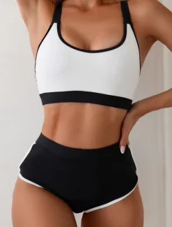 New Women's Swimwear Bikini 2 Piece Briefs Swimsuit Backless Slim High Waisted Vacation Beach Wear Solid Color U Neck Sleeveless Bathing Suits Women Bikinis