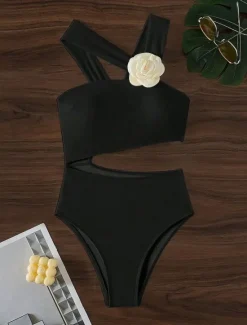 Online Women's Swimwear Bikini 2 Piece Briefs Swimsuit Backless Slim High Waisted Vacation Beach Wear Solid Color Asymmetric Neck Sleeveless Bathing Suits Women Bikinis