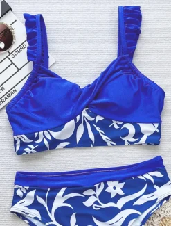 New Women's Swimwear Bikini 2 Piece Cheeky Swimsuit Backless Slim Vacation Beach Wear Graphic U Neck Sleeveless Bathing Suits Women Tankinis