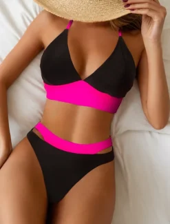 New Women's Swimwear Bikini 2 Piece Cheeky Swimsuit Backless High Waist Slim Vacation Beach Wear Color Block Halter Neck Sleeveless Bathing Suits Women Bikinis