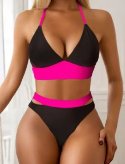 New Women's Swimwear Bikini 2 Piece Cheeky Swimsuit Backless High Waist Slim Vacation Beach Wear Color Block Halter Neck Sleeveless Bathing Suits Women Bikinis