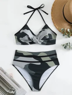 New Women's Swimwear Bikini 2 Piece Briefs Swimsuit Backless High Waist Slim Vacation Beach Wear Camo Halter Neck Sleeveless Bathing Suits Women Bikinis