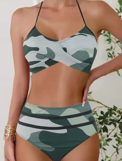 New Women's Swimwear Bikini 2 Piece Briefs Swimsuit Backless High Waist Slim Vacation Beach Wear Camo Halter Neck Sleeveless Bathing Suits Women Bikinis