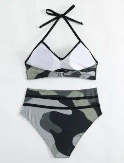 New Women's Swimwear Bikini 2 Piece Briefs Swimsuit Backless High Waist Slim Vacation Beach Wear Camo Halter Neck Sleeveless Bathing Suits Women Bikinis