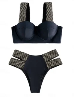 Sale Women's Swimwear Bikini 2 Piece Cheeky Swimsuit Backless Slim Vacation Beach Wear Solid Color V Neck Sleeveless Bathing Suits Women Bikinis