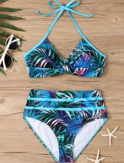 Women's Swimwear Bikini 2 Piece Briefs Swimsuit Backless Slim High Waisted Vacation Beach Wear Leaves Halter Neck Sleeveless Bathing Suits Women Bikinis