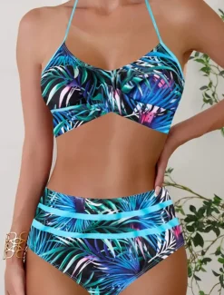 Women's Swimwear Bikini 2 Piece Briefs Swimsuit Backless Slim High Waisted Vacation Beach Wear Leaves Halter Neck Sleeveless Bathing Suits Women Bikinis