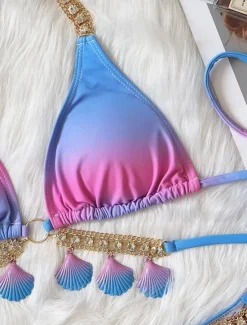 Best Women's Swimwear Bikini 2 Piece Cheeky Swimsuit Backless Slim Fringe Vacation Beach Wear Ombre Halter Neck Sleeveless Bathing Suits Women Bikinis
