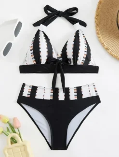 Best Women's Swimwear Bikini 2 Piece Cheeky Swimsuit Backless Slim Vacation Beach Wear Graphic V Neck Sleeveless Bathing Suits Women Bikinis