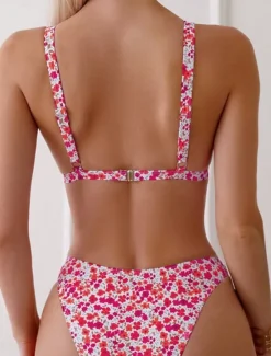 New Women's Swimwear Bikini 2 Piece Cheeky Swimsuit Backless Slim Vacation Beach Wear Floral V Neck Sleeveless Bathing Suits Women Bikinis|Leopard Swimwear