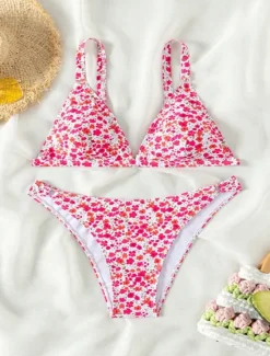 New Women's Swimwear Bikini 2 Piece Cheeky Swimsuit Backless Slim Vacation Beach Wear Floral V Neck Sleeveless Bathing Suits Women Bikinis|Leopard Swimwear