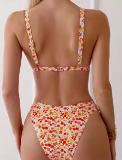 New Women's Swimwear Bikini 2 Piece Cheeky Swimsuit Backless Slim Vacation Beach Wear Floral V Neck Sleeveless Bathing Suits Women Bikinis|Leopard Swimwear