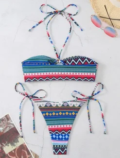 New Women's Swimwear Bikini 2 Piece Thong Swimsuit Backless High Waist Slim Vacation Vintage Geometric Halter Neck Sleeveless Bathing Suits Women Bikinis