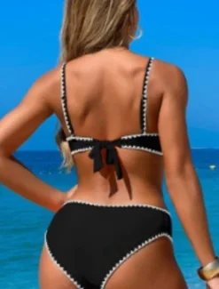 Women's Swimwear Bikini 2 Piece Cheeky Swimsuit Backless Slim Vacation Beach Wear Solid Color V Neck Sleeveless Bathing Suits Women Bikinis