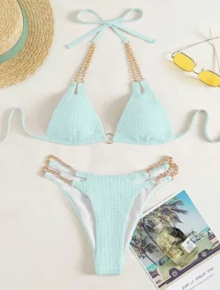 Clearance Women's Swimwear Bikini 2 Piece Cheeky Swimsuit Backless Slim Vacation Beach Wear Solid Color Halter Neck Sleeveless Bathing Suits Women Bikinis