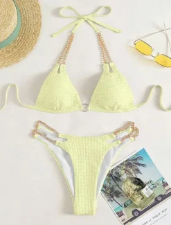 Clearance Women's Swimwear Bikini 2 Piece Cheeky Swimsuit Backless Slim Vacation Beach Wear Solid Color Halter Neck Sleeveless Bathing Suits Women Bikinis