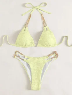 Clearance Women's Swimwear Bikini 2 Piece Cheeky Swimsuit Backless Slim Vacation Beach Wear Solid Color Halter Neck Sleeveless Bathing Suits Women Bikinis