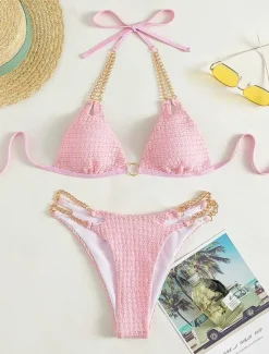 Clearance Women's Swimwear Bikini 2 Piece Cheeky Swimsuit Backless Slim Vacation Beach Wear Solid Color Halter Neck Sleeveless Bathing Suits Women Bikinis