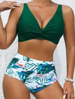 Sale Women's Swimwear Bikini 2 Piece Cheeky Swimsuit Backless Slim Vacation Beach Wear Floral Graphic U Neck Sleeveless Bathing Suits Women Bikinis