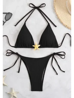 Women's Swimwear Bikini 2 Piece Swimsuit Backless Tropical Beach Wear Plain Halter Neck Sleeveless Bathing Suits Women Bikinis