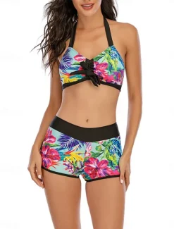 Outlet Women's Swimwear Bikini 2 Piece Boy Leg Swimsuit Backless Slim Vacation Beach Wear Graphic Halter Neck Sleeveless Bathing Suits Women Bikinis
