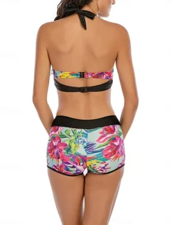 Outlet Women's Swimwear Bikini 2 Piece Boy Leg Swimsuit Backless Slim Vacation Beach Wear Graphic Halter Neck Sleeveless Bathing Suits Women Bikinis