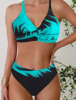 Discount Women's Swimwear Bikini 2 Piece Cheeky Swimsuit Backless Slim Vacation Beach Wear Graphic V Neck Sleeveless Bathing Suits Women Bikinis