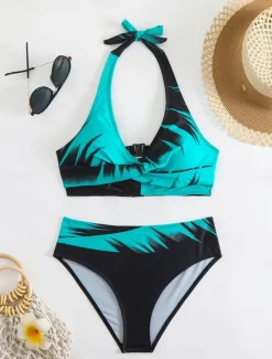 Discount Women's Swimwear Bikini 2 Piece Cheeky Swimsuit Backless Slim Vacation Beach Wear Graphic V Neck Sleeveless Bathing Suits Women Bikinis