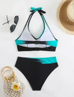Discount Women's Swimwear Bikini 2 Piece Cheeky Swimsuit Backless Slim Vacation Beach Wear Graphic V Neck Sleeveless Bathing Suits Women Bikinis