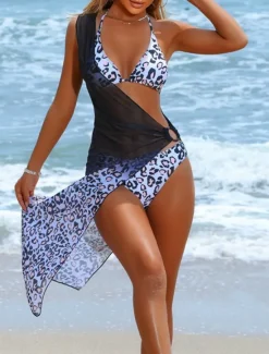 New Women's Swimwear Bikini 2 Piece Skirt Swimsuit Backless Slim Vacation Beach Wear Halter Neck Sleeveless Bathing Suits Women Leopard Swimwear|Bikinis