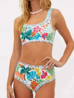 Best Women's Swimwear Bikini 2 Piece Cheeky Swimsuit Backless Slim Vacation Beach Wear Floral Halter Neck Sleeveless Bathing Suits Women Bikinis