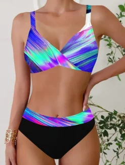 Online Women's Swimwear Bikini 2 Piece Cheeky Swimsuit Backless Slim Vacation Beach Wear Ombre V Neck Sleeveless Bathing Suits Women Bikinis|Colorful Swimwear