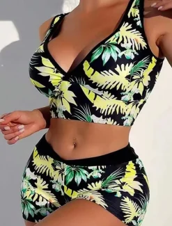 Clearance Women's Swimwear Bikini 2 Piece Boy Leg Swimsuit Backless High Waist Slim Vacation Beach Wear Floral Leaves V Neck Sleeveless Bathing Suits Women Bikinis