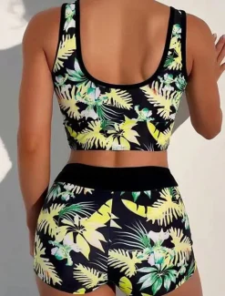 Clearance Women's Swimwear Bikini 2 Piece Boy Leg Swimsuit Backless High Waist Slim Vacation Beach Wear Floral Leaves V Neck Sleeveless Bathing Suits Women Bikinis