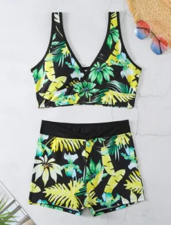 Clearance Women's Swimwear Bikini 2 Piece Boy Leg Swimsuit Backless High Waist Slim Vacation Beach Wear Floral Leaves V Neck Sleeveless Bathing Suits Women Bikinis