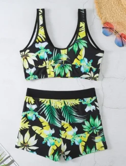 Clearance Women's Swimwear Bikini 2 Piece Boy Leg Swimsuit Backless High Waist Slim Vacation Beach Wear Floral Leaves V Neck Sleeveless Bathing Suits Women Bikinis