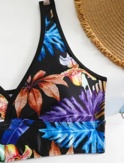 Clearance Women's Swimwear Bikini 2 Piece Boy Leg Swimsuit Backless High Waist Slim Vacation Beach Wear Floral Leaves V Neck Sleeveless Bathing Suits Women Bikinis