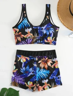 Clearance Women's Swimwear Bikini 2 Piece Boy Leg Swimsuit Backless High Waist Slim Vacation Beach Wear Floral Leaves V Neck Sleeveless Bathing Suits Women Bikinis