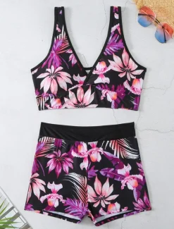 Clearance Women's Swimwear Bikini 2 Piece Boy Leg Swimsuit Backless High Waist Slim Vacation Beach Wear Floral Leaves V Neck Sleeveless Bathing Suits Women Bikinis