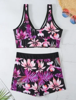 Clearance Women's Swimwear Bikini 2 Piece Boy Leg Swimsuit Backless High Waist Slim Vacation Beach Wear Floral Leaves V Neck Sleeveless Bathing Suits Women Bikinis