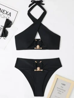 Online Women's Swimwear Bikini 2 Piece Cheeky Swimsuit Backless High Waist Slim Vacation Beach Wear Solid Color Halter Neck Sleeveless Bathing Suits Women Bikinis