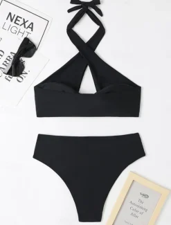 Online Women's Swimwear Bikini 2 Piece Cheeky Swimsuit Backless High Waist Slim Vacation Beach Wear Solid Color Halter Neck Sleeveless Bathing Suits Women Bikinis
