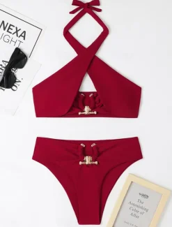 Online Women's Swimwear Bikini 2 Piece Cheeky Swimsuit Backless High Waist Slim Vacation Beach Wear Solid Color Halter Neck Sleeveless Bathing Suits Women Bikinis