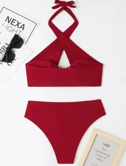 Online Women's Swimwear Bikini 2 Piece Cheeky Swimsuit Backless High Waist Slim Vacation Beach Wear Solid Color Halter Neck Sleeveless Bathing Suits Women Bikinis