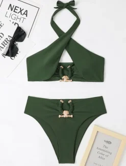 Online Women's Swimwear Bikini 2 Piece Cheeky Swimsuit Backless High Waist Slim Vacation Beach Wear Solid Color Halter Neck Sleeveless Bathing Suits Women Bikinis