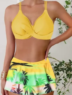 New Women's Swimwear Bikini 2 Piece Boy Leg Swimsuit Backless Slim Vacation Beach Wear Tropical V Neck Sleeveless Bathing Suits Women Bikinis