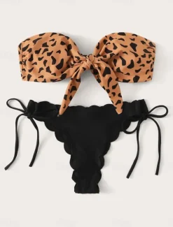 Clearance Women's Swimwear Bikini 2 Piece Thong Swimsuit Backless Slim Vacation Beach Wear Leopard Strapless Sleeveless Bathing Suits Women Bikinis|Leopard Swimwear