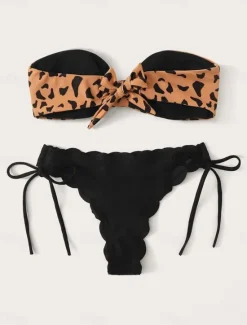 Clearance Women's Swimwear Bikini 2 Piece Thong Swimsuit Backless Slim Vacation Beach Wear Leopard Strapless Sleeveless Bathing Suits Women Bikinis|Leopard Swimwear
