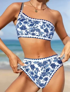 Women's Swimwear Bikini 2 Piece Briefs Swimsuit Backless Slim Vacation Beach Wear Floral Asymmetric Neck Sleeveless Bathing Suits Women Bikinis